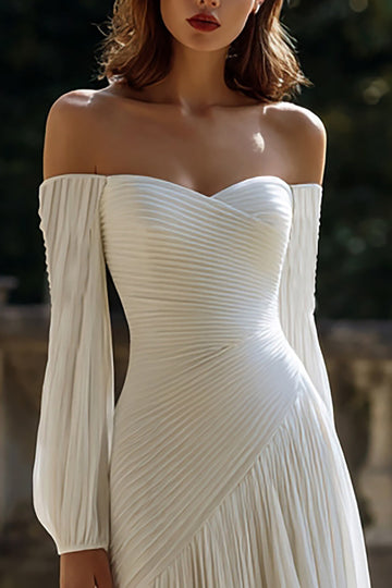 Off The Shoulder Long Sleeve Ivory Engagement Dress With Pleats
